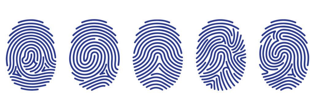 Fingerprint collection biometric identification thumbprint set forensic security identity patterns isolated. Security symbols. Blue Minimalist Fingerprint Icon Set.