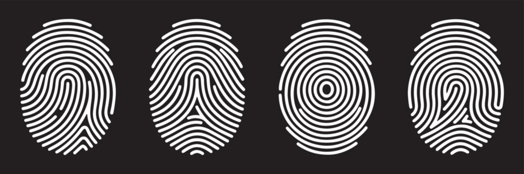 Fingerprint scan icons collection in black. Set of biometric identification symbols with different line patterns. White Fingerprint Icons. Abstract Spiral Patterns, Identity and Security Concept