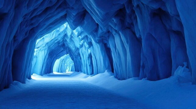 A stunning icy cave with blue hues and a smooth snow-covered pathway leading deeper inside