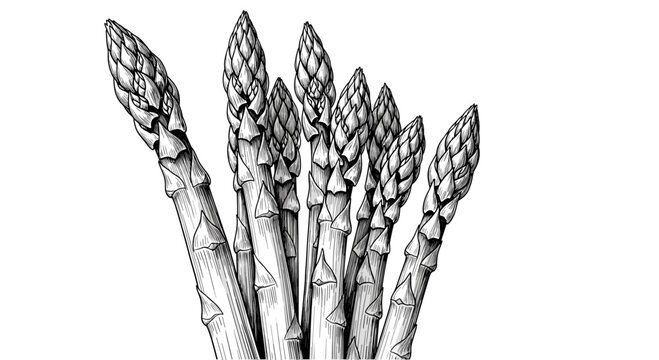 Asparagus plant illustration, vector drawing style, black and white, healthy vegetarian food ingredient.