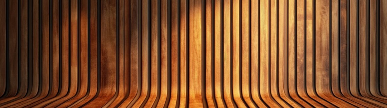 curved vertical wooden slats forming seamless wall and floor with warm golden lighting, repeating lines and smooth texture conveying a calm inviting modern interior