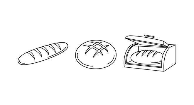 Bakery goods collection with fresh loaf of bread crusty round sourdough and wooden breadbox container icon set on white.