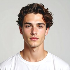 Obraz premium A young man with curly brown hair and a white t-shirt looks directly at the camera (1)