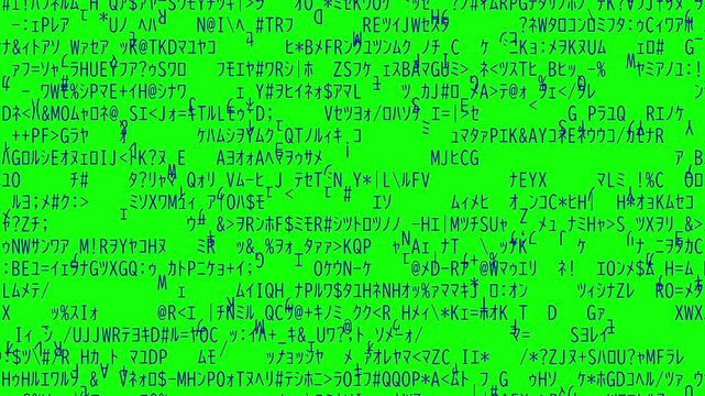 Rapidly flickering random characters on green screen, chroma key cyber glitch background animation.