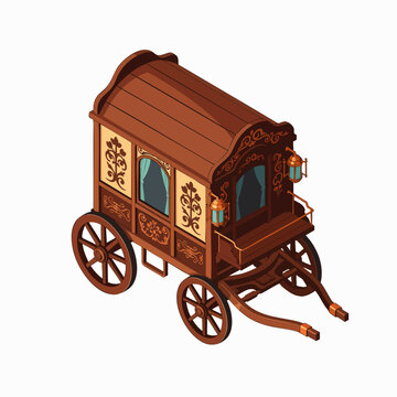 Ornate vintage wooden gypsy wagon isometric illustration. Detailed traditional vardo caravan for historical, fantasy, and nomadic travel themes.