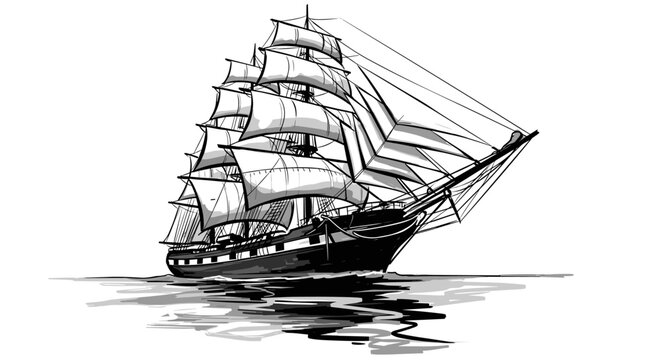 Black and white hand drawn sketch of majestic sailing ship with multiple masts crossing ocean waters during historic voyage.