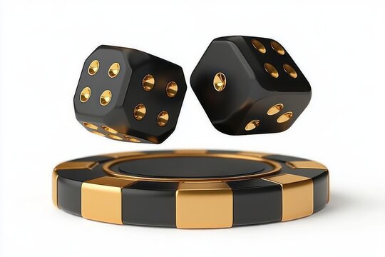 two black dice with gold pips hovering above a matching black and gold poker chip, glossy luxury gaming scene conveying excitement
