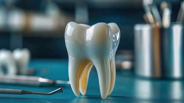large glossy molar tooth model on blue surface with dental explorer and mirror, metal tool cup and blurred clinic background conveying a clean, professional, reassuring clinical mood