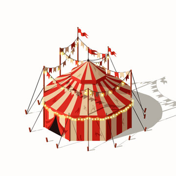 Isometric classic red and white striped circus tent with festive flags and string lights, vintage carnival marquee, isolated on white, fun event graphic.