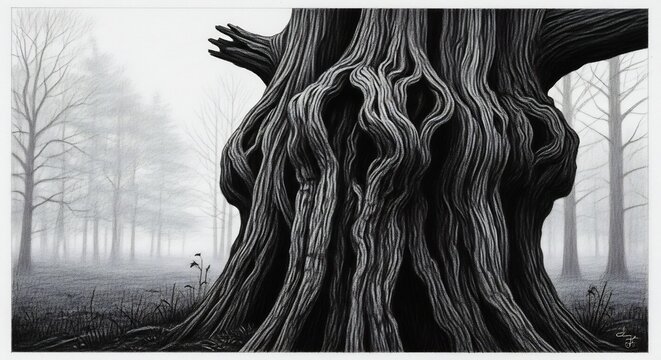 Ancient gnarled tree trunk with twisted roots in a misty forest.