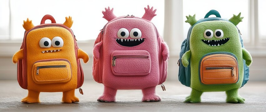 Three colorful fuzzy monster backpacks in orange, pink and green with big eyes, toothy smiles, small arms and legs standing by a bright window, playful and cheerful