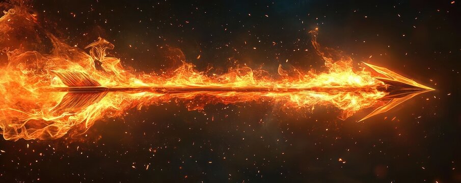 Flaming arrow streaking through dark smoky space with burning fletching, glowing arrowhead, sparks and embers conveying fierce speed and power