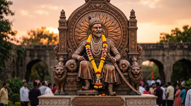 Image depicts a bronze statue of a historical figure seated on an ornate throne. The statue features intricate detailing, with the figure wearing a traditional turban and a prominent mustache. The fac