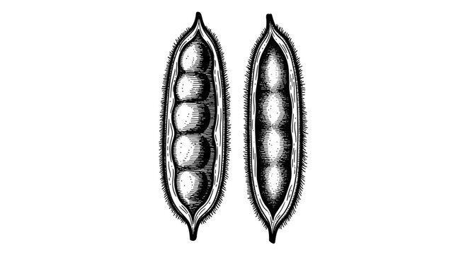Carob pods black and white vector illustration for healthy eating, baking, and chocolate substitute designs.