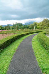 Obraz premium Curved pathway through green park with cloudy sky and distant hills, peaceful outdoor landscape ideal for travel, nature, and relaxation concepts