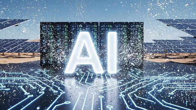 Dynamic ai logo explosion with futuristic projector beam and solar panels in desert landscape