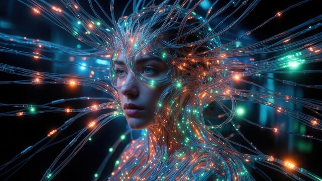 Woman gazes calmly amid glowing neural tendrils