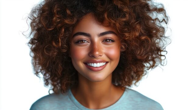 Close-up portrait of a person with voluminous curly brown hair and a blurred face wearing a light blue shirt on a white background, anonymous neutral mood