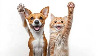 Obraz premium joyful brown and white dog and fluffy orange tabby cat sitting side by side with front paws raised, smiling and playful