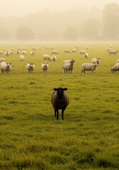 Fototapeta premium Black sheep standing in a green field with a flock of white sheep in the background, metaphor for individuality and leadership in livestock farming and business