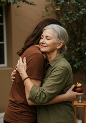 Obraz premium Senior Woman and Young Daughter Hugging During Family Ritual in Garden for Mothers Day Wellness Campaign with Genuine Emotional Connection and Natural Light