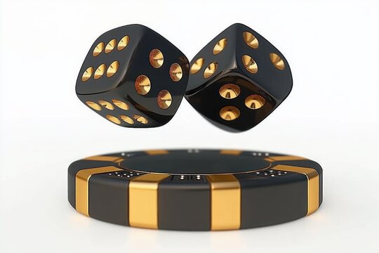 sleek black dice with gold pips hovering above a black and gold poker chip, luxurious high-stakes excitement