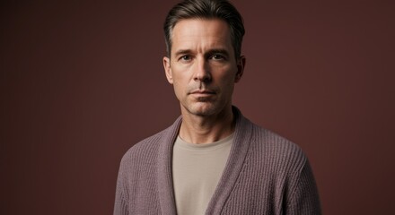 Fototapeta premium Serious Mature Man in Knit Cardigan Looking at Camera Against Deep Rose Background for Mens Fashion Editorial, Lifestyle with Copy Space