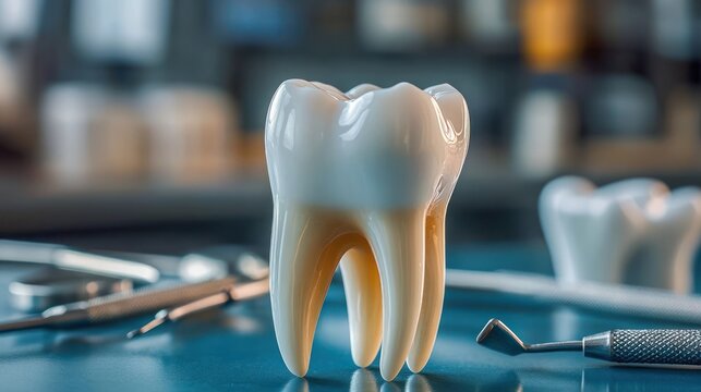 glossy molar tooth model on blue surface with dental mirror and probe, second tooth model and blurred clinic background conveying a clean professional mood