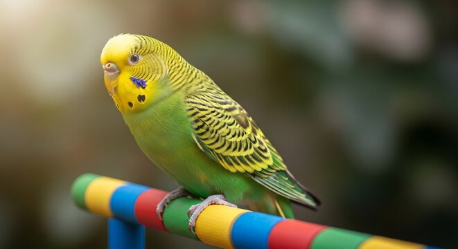 Green parakeet perched colorful bar