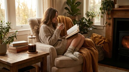 Obraz premium Woman Reading Book Cozy Armchair Near Fireplace.