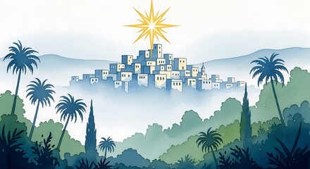 Obraz premium Watercolor depiction of a city under a guiding star, surrounded by mountains and palm trees