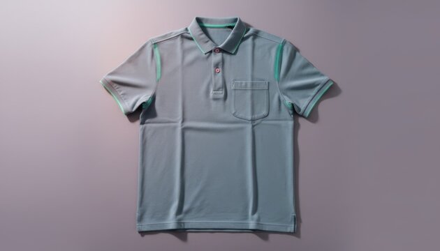Blue polo shirt with chest pocket and mint trim details laid flat on a purple lilac background for clothing brand apparel mockup and e-commerce listing with copy space