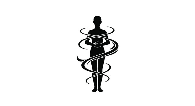 Silhouette of a person entangled in flowing, abstract ribbons, symbolizing struggle and entrapment