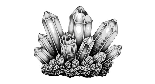 Crystal cluster drawing with sharp geometric points of quartz and amethyst mineral stones for geology and mystical themes.
