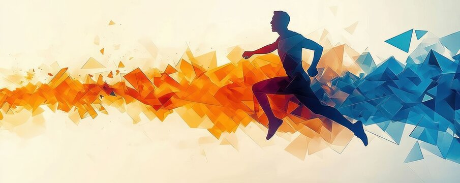 silhouette of a runner leaping through a burst of orange and blue geometric shards conveying speed energy and determination