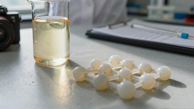 Ambertinted liquid in a beaker on a lab table with papers and instruments