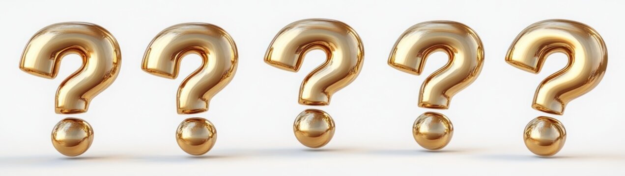 five shiny gold question marks with reflective round dots in a row on a white background conveying curiosity and mystery