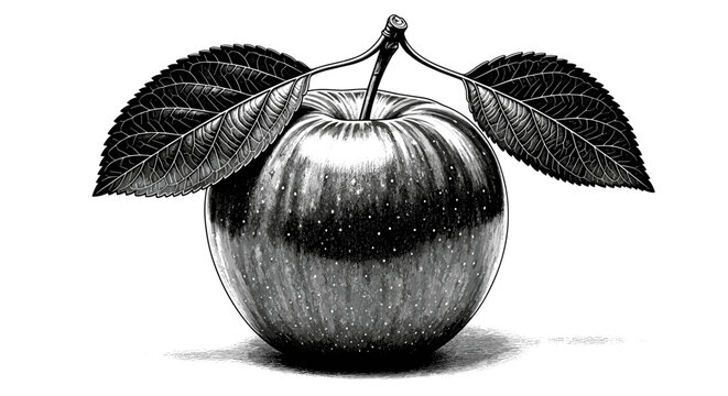 Detailed black and white engraving of a fresh apple with leaves, capturing natural texture and organic beauty.