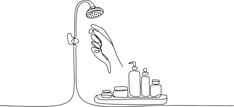 Minimalist continuous one line drawing of a hand holding a showerhead with various bath products on a tray. one line icon drawing vector