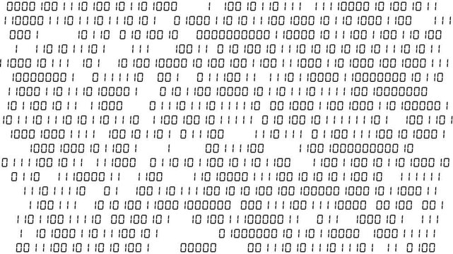 Fast changing matte black binary digits on white background, minimalist digital data background animation.