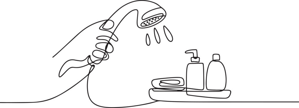 Minimalist continuous one line drawing of a hand holding a showerhead with various bath products on a tray. one line icon drawing vector
