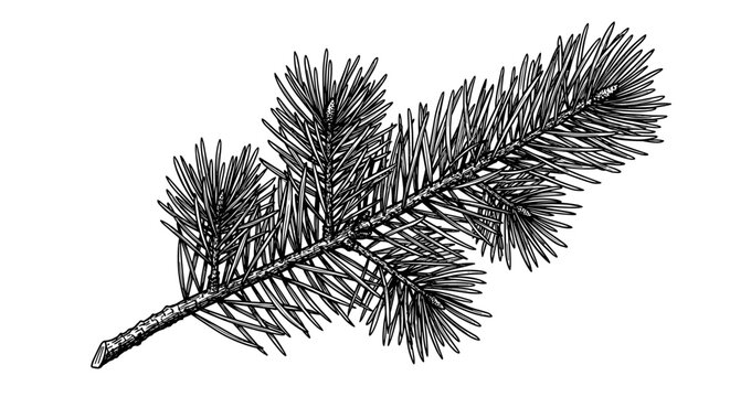 Detailed illustration of a pine tree branch with needles realistic natural element isolated on white background winter foliage detail.