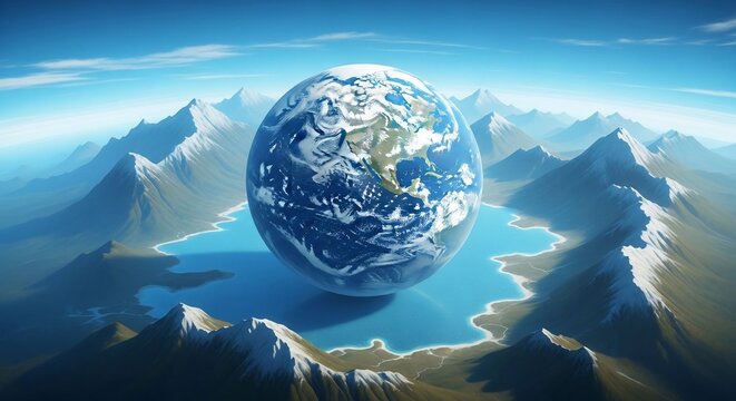 Globe centered above water with mountain range landscape and blue sky background