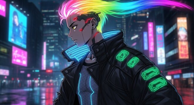 Futuristic cyberpunk character with rainbow hair