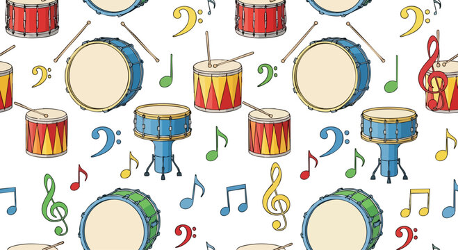 Colorful cartoon drum and musical note pattern on white background