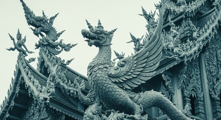 Fototapeta premium Intricate Ornate Wooden Garuda Sculpture Decorating Traditional Temple Roof Architecture for Cultural Heritage Tourism Study and Spiritual Interior Design