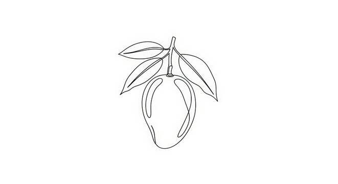 Minimalist One Line Art Drawing of a Mango Fruit with Leaves on White Background