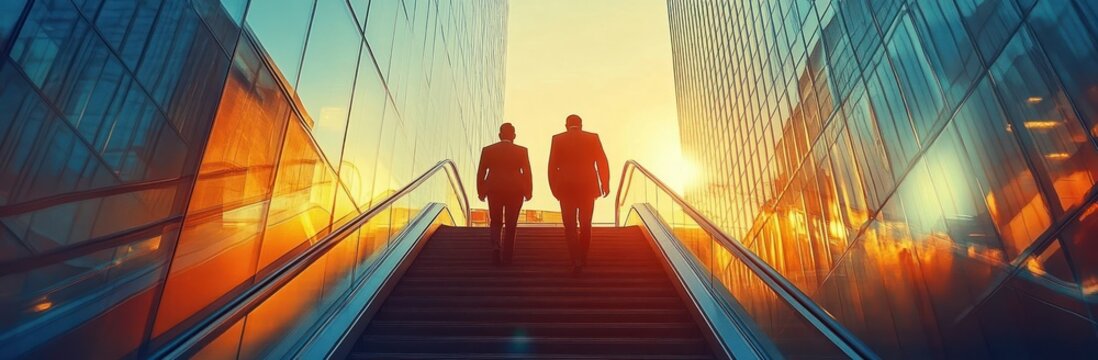two silhouetted businesspeople ascending an escalator between reflective glass skyscrapers at golden hour, conveying ambition and optimism