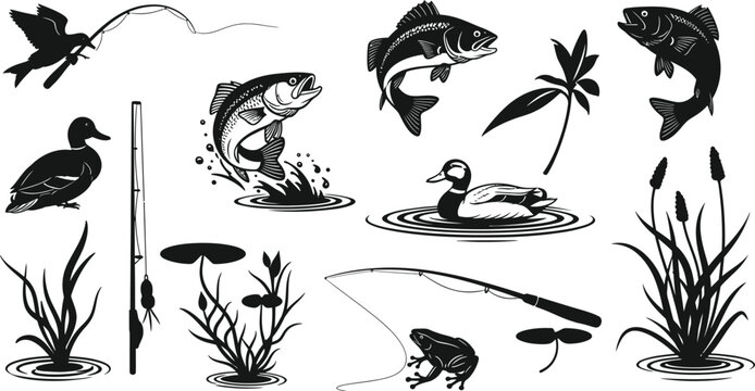 Black and white of fishing and aquatic life ducks frogs fishing rod aquatic plants