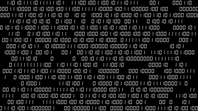 Fast changing white binary digits on black screen, futuristic digital data background animation.